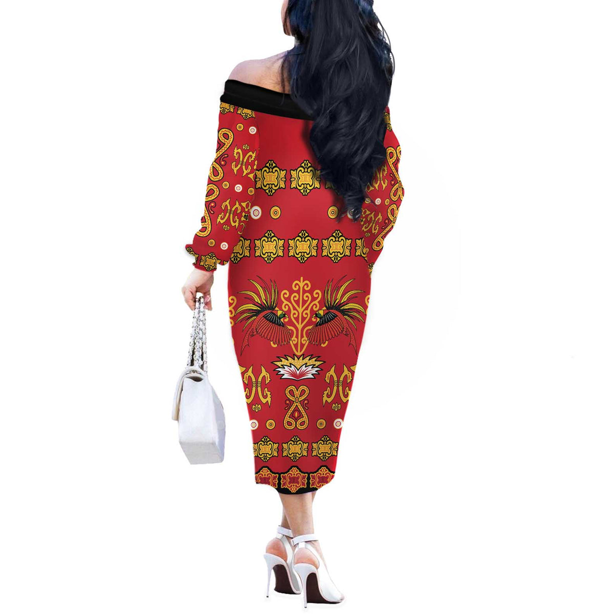 Papua Batik Motif Off The Shoulder Long Sleeve Dress Papua Spirit Red Version - Polynesian Pride