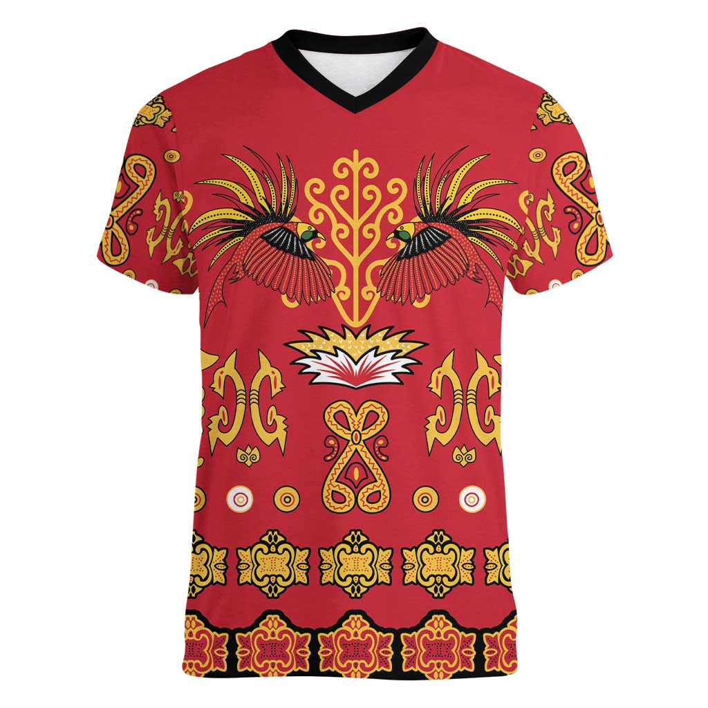 Papua Batik Motif Women V-Neck T-Shirt Papua Spirit Red Version LT05 Female Red - Polynesian Pride