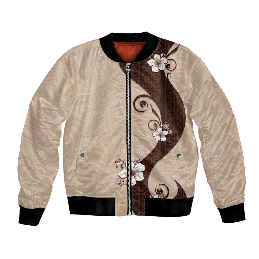 Polynesia Hibiscus Bomber Jacket Cameo Curve Motif LT05 Unisex Beige - Polynesian Pride