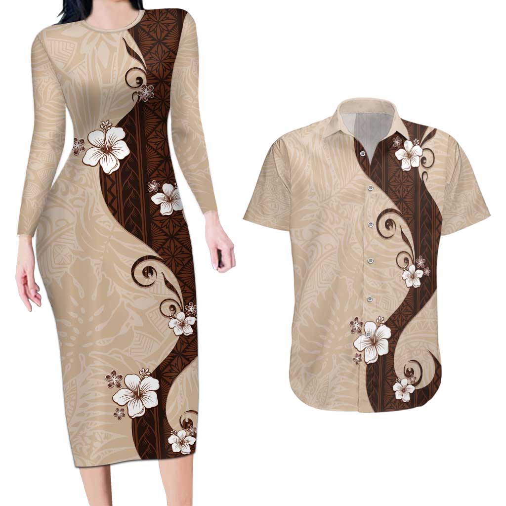 Polynesia Hibiscus Couples Matching Long Sleeve Bodycon Dress and Hawaiian Shirt Cameo Curve Motif LT05 Beige - Polynesian Pride