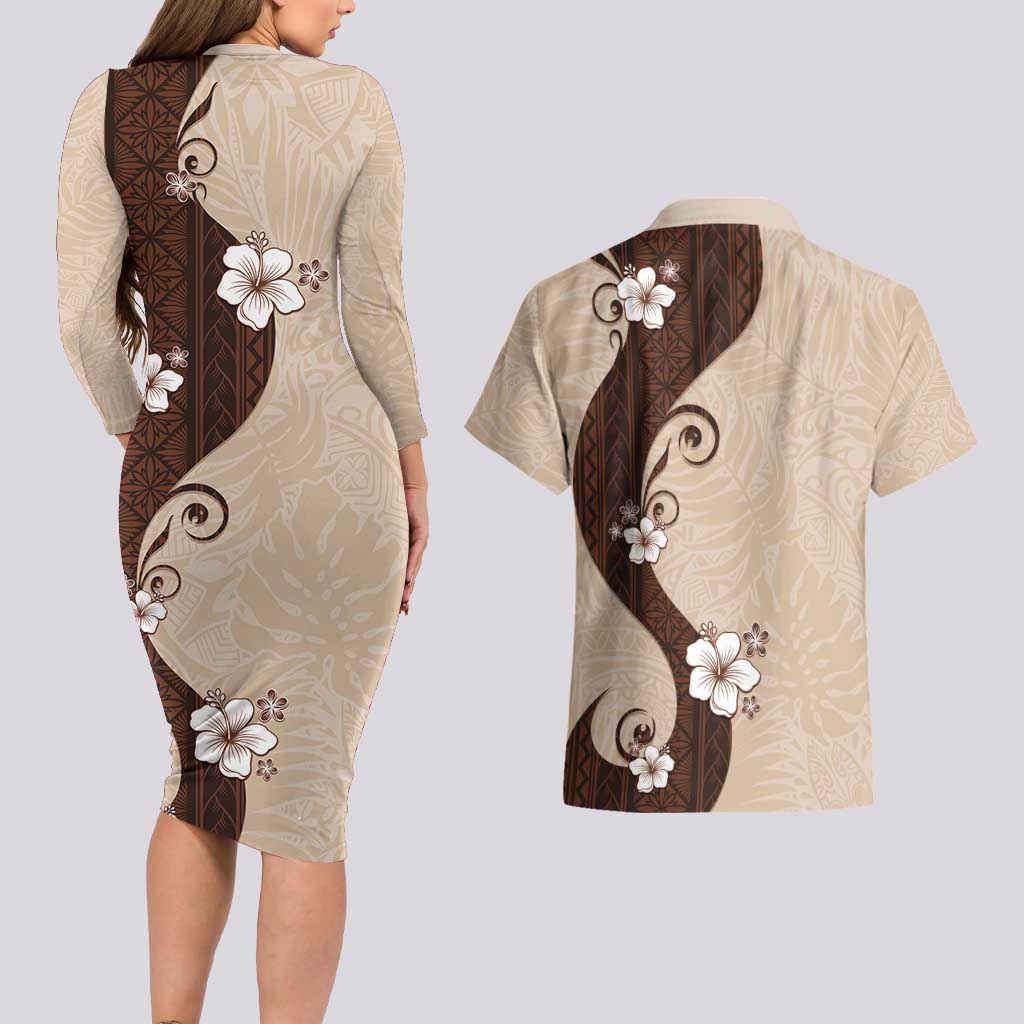 Polynesia Hibiscus Couples Matching Long Sleeve Bodycon Dress and Hawaiian Shirt Cameo Curve Motif LT05 - Polynesian Pride