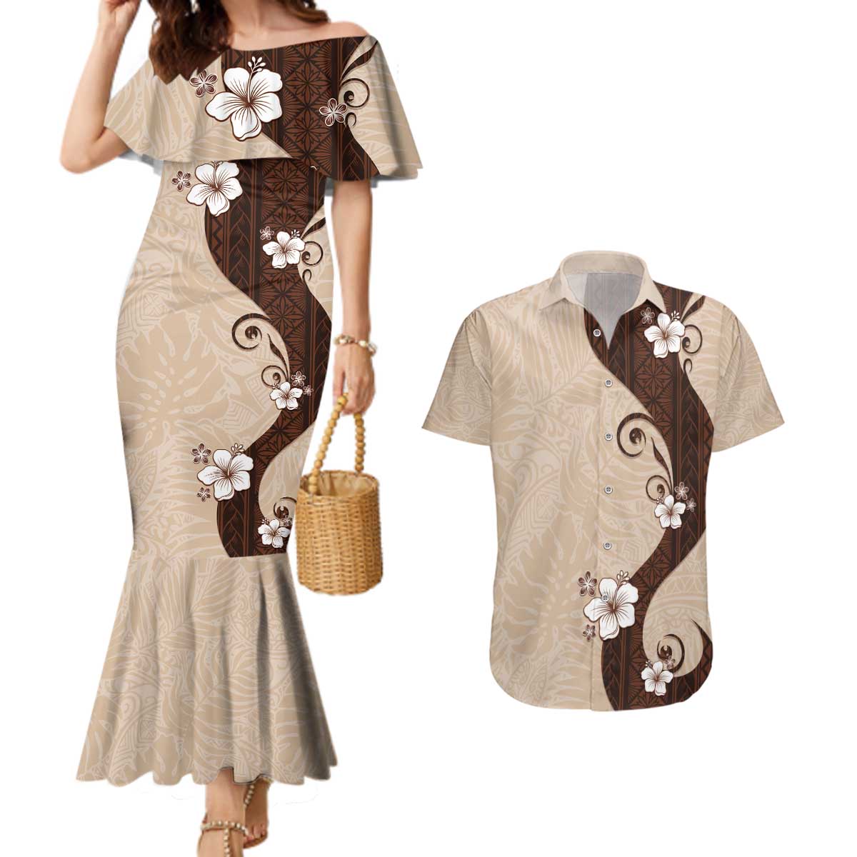 Polynesia Hibiscus Couples Matching Mermaid Dress and Hawaiian Shirt Cameo Curve Motif LT05 Beige - Polynesian Pride