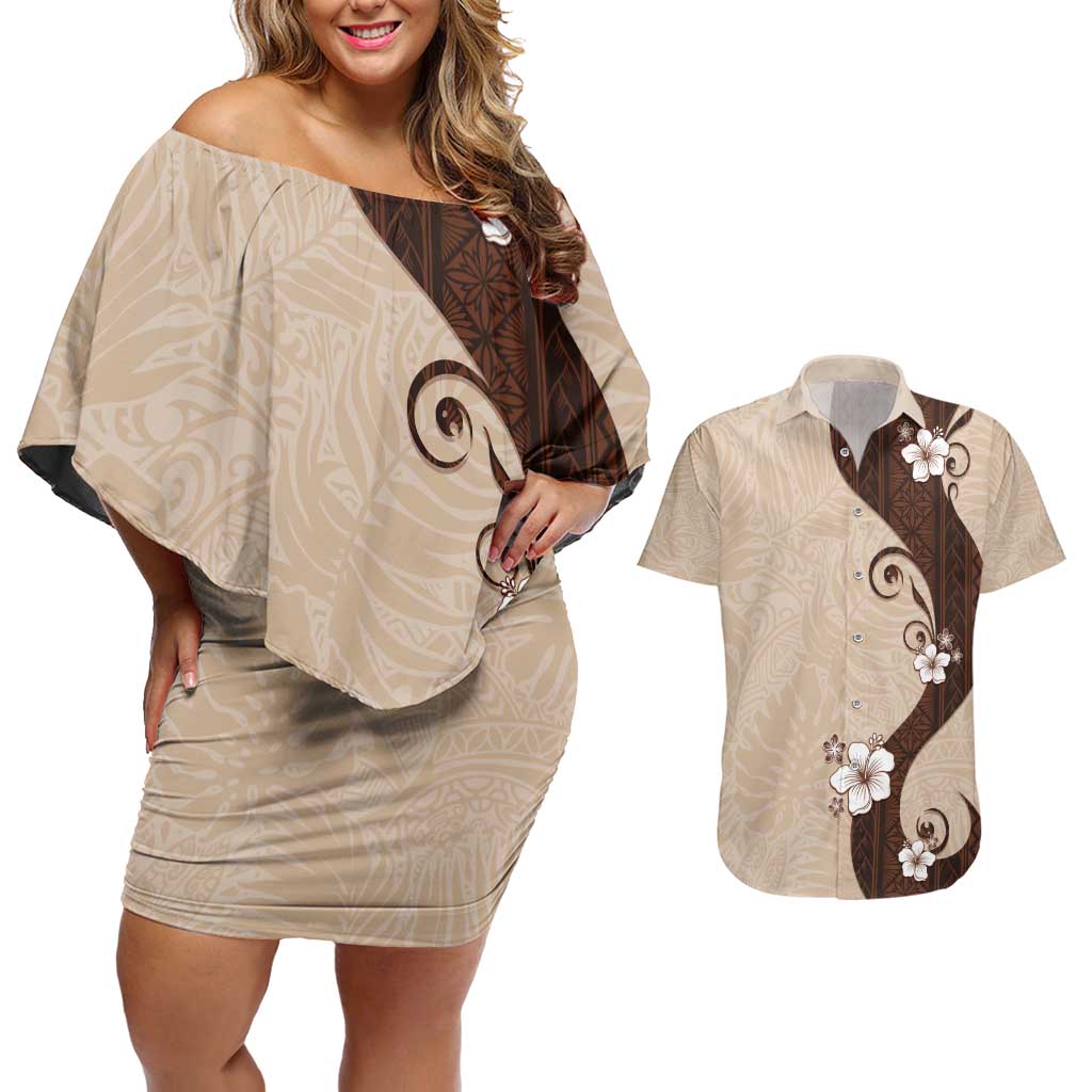 Polynesia Hibiscus Couples Matching Off Shoulder Short Dress and Hawaiian Shirt Cameo Curve Motif - Polynesian Pride