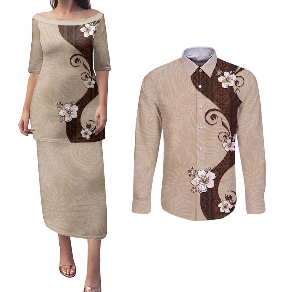Polynesia Hibiscus Couples Matching Puletasi and Long Sleeve Button Shirt Cameo Curve Motif - Polynesian Pride