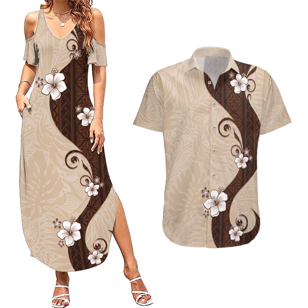 Polynesia Hibiscus Couples Matching Summer Maxi Dress and Hawaiian Shirt Cameo Curve Motif LT05 Beige - Polynesian Pride