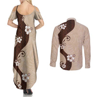 Polynesia Hibiscus Couples Matching Summer Maxi Dress and Long Sleeve Button Shirt Cameo Curve Motif - Polynesian Pride