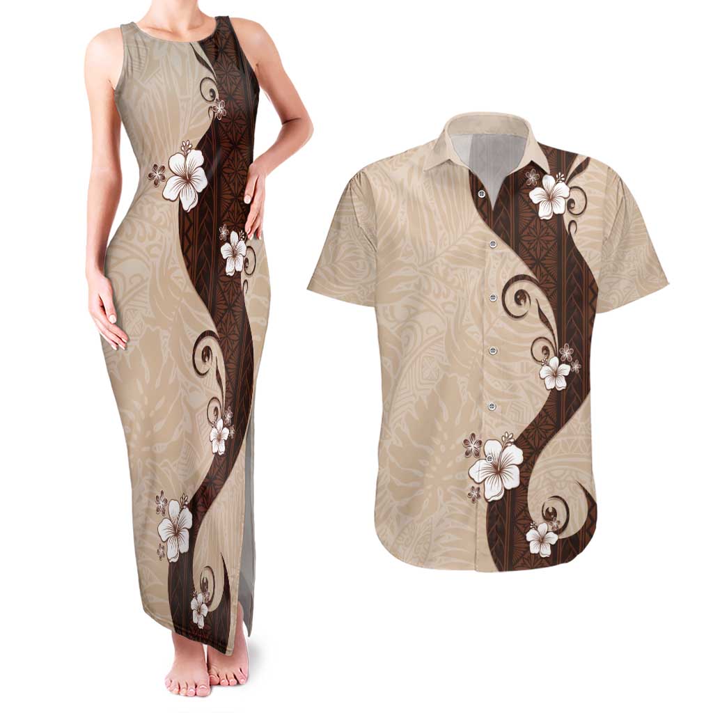 Polynesia Hibiscus Couples Matching Tank Maxi Dress and Hawaiian Shirt Cameo Curve Motif LT05 Beige - Polynesian Pride
