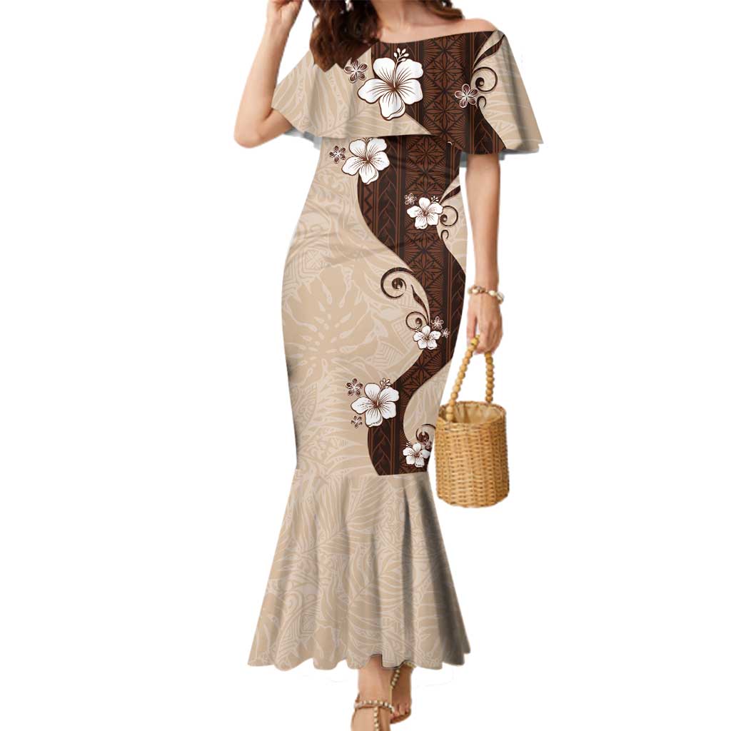 Polynesia Hibiscus Family Matching Mermaid Dress and Hawaiian Shirt Cameo Curve Motif LT05 Mom's Dress Beige - Polynesian Pride