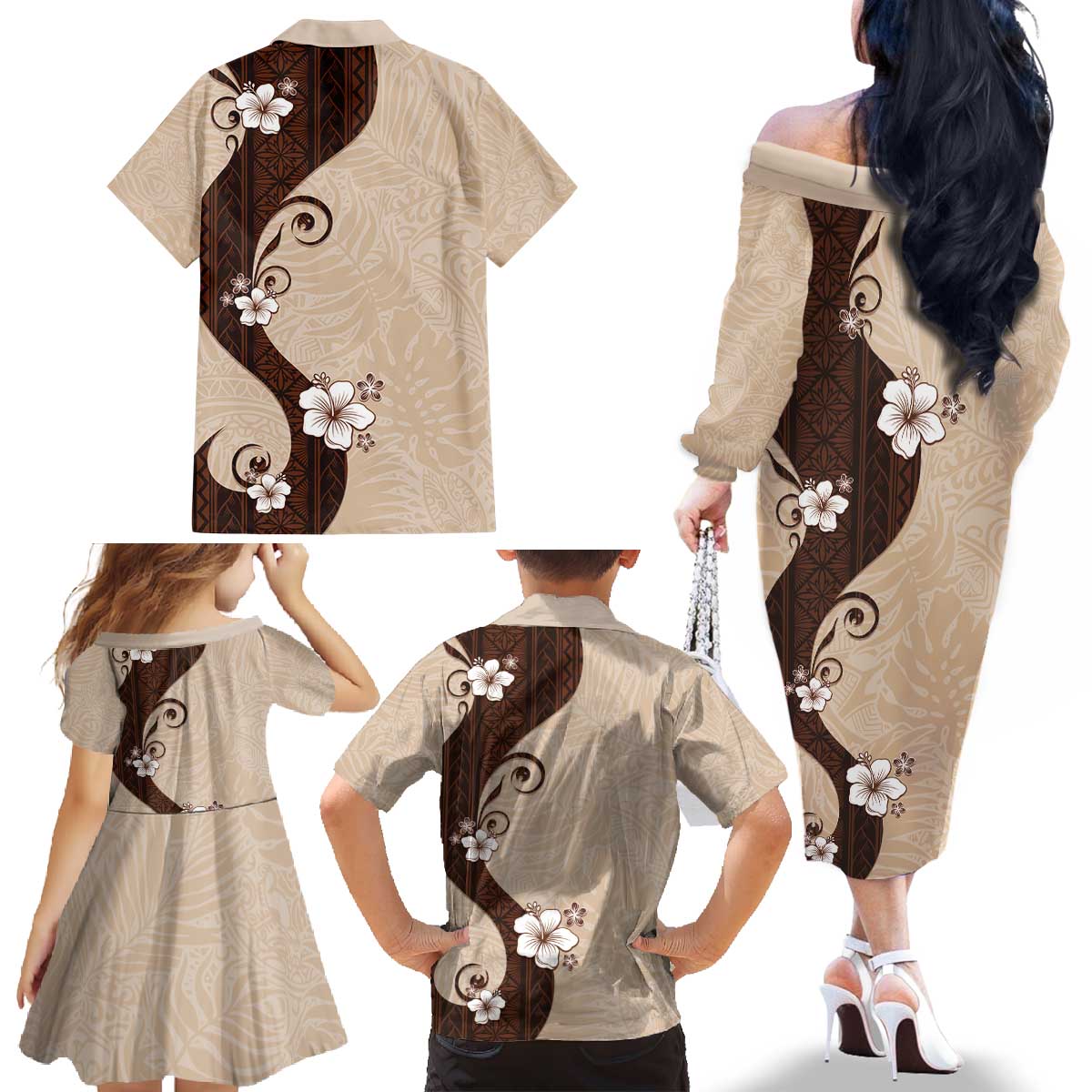 Polynesia Hibiscus Family Matching Off The Shoulder Long Sleeve Dress and Hawaiian Shirt Cameo Curve Motif - Polynesian Pride