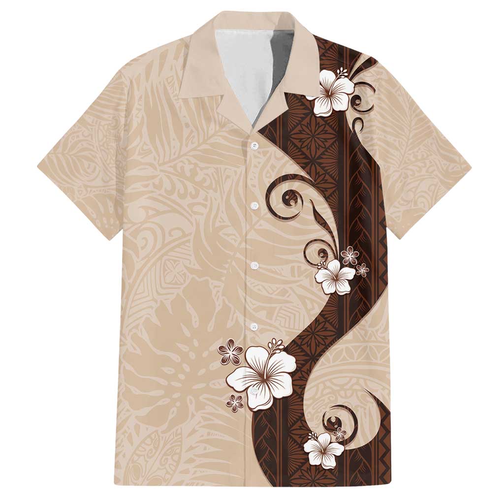 Polynesia Hibiscus Family Matching Off Shoulder Maxi Dress and Hawaiian Shirt Cameo Curve Motif LT05 Dad's Shirt - Short Sleeve Beige - Polynesian Pride