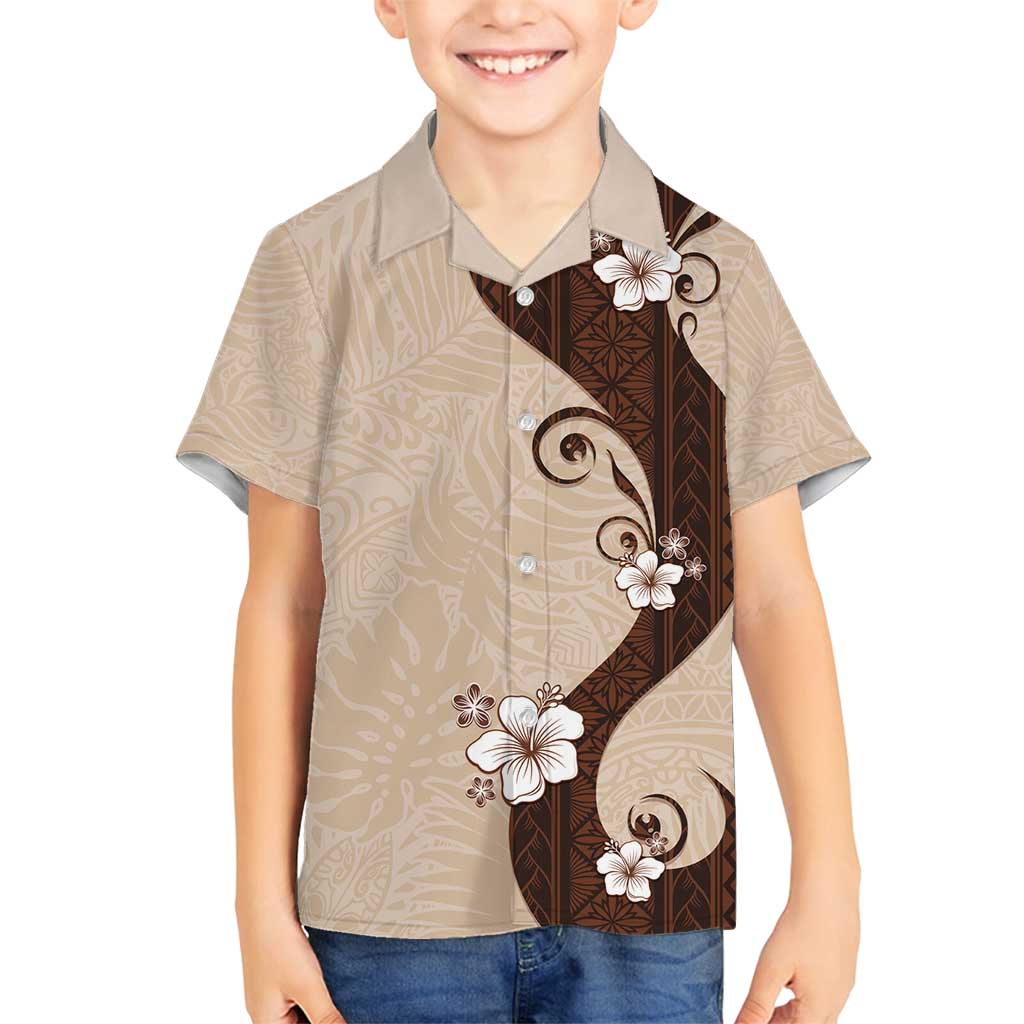 Polynesia Hibiscus Family Matching Off Shoulder Maxi Dress and Hawaiian Shirt Cameo Curve Motif LT05 Son's Shirt Beige - Polynesian Pride