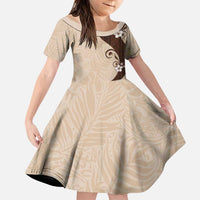 Polynesia Hibiscus Family Matching Puletasi and Hawaiian Shirt Cameo Curve Motif LT05 Daughter's Dress Beige - Polynesian Pride