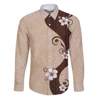 Polynesia Hibiscus Family Matching Puletasi and Hawaiian Shirt Cameo Curve Motif LT05 Dad's Shirt - Long Sleeve Beige - Polynesian Pride