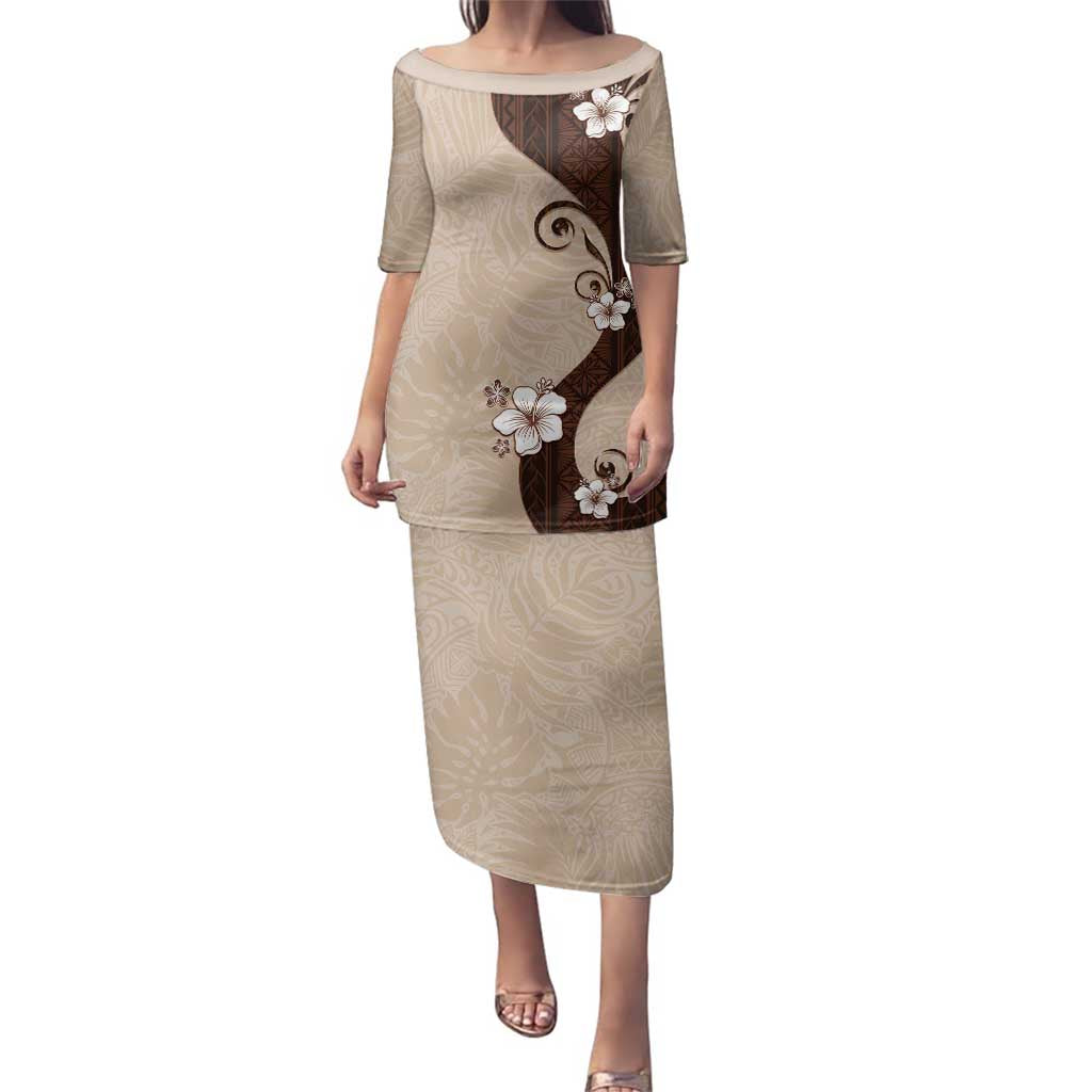 Polynesia Hibiscus Family Matching Puletasi and Hawaiian Shirt Cameo Curve Motif LT05 Mom's Dress Beige - Polynesian Pride