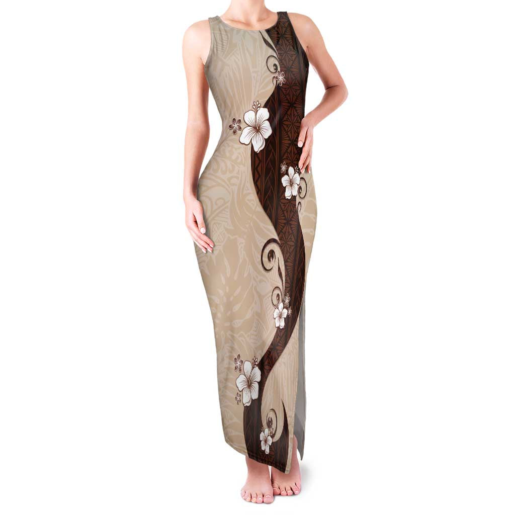 Polynesia Hibiscus Family Matching Tank Maxi Dress and Hawaiian Shirt Cameo Curve Motif LT05 Mom's Dress Beige - Polynesian Pride