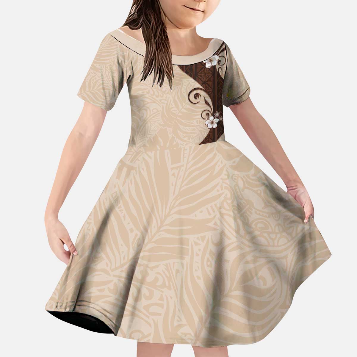 Polynesia Hibiscus Kid Short Sleeve Dress Cameo Curve Motif - Polynesian Pride