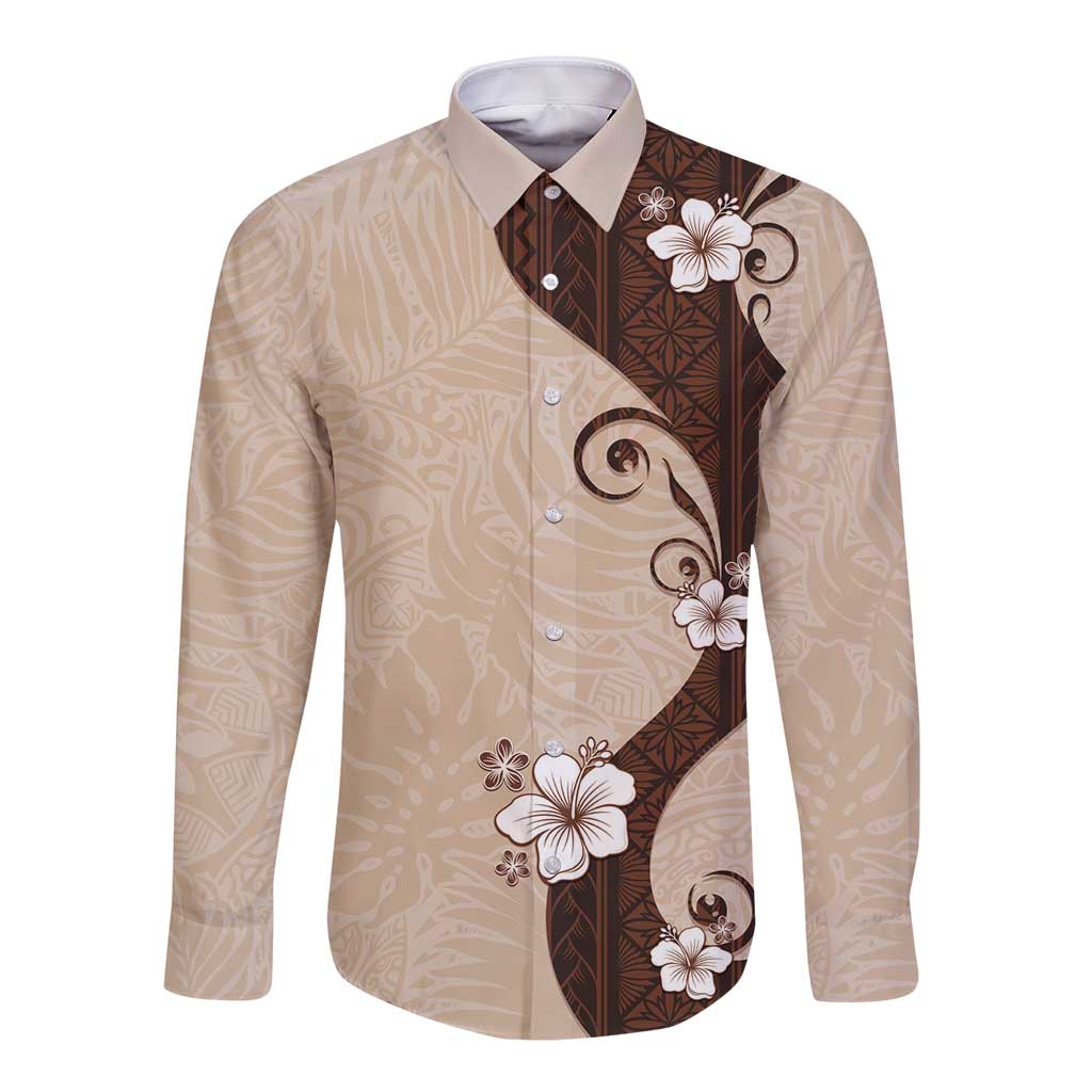 Polynesia Hibiscus Long Sleeve Button Shirt Cameo Curve Motif - Polynesian Pride