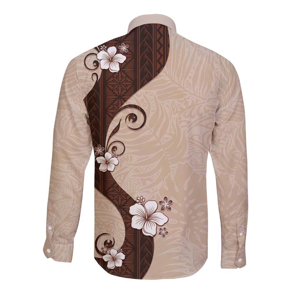 Polynesia Hibiscus Long Sleeve Button Shirt Cameo Curve Motif - Polynesian Pride
