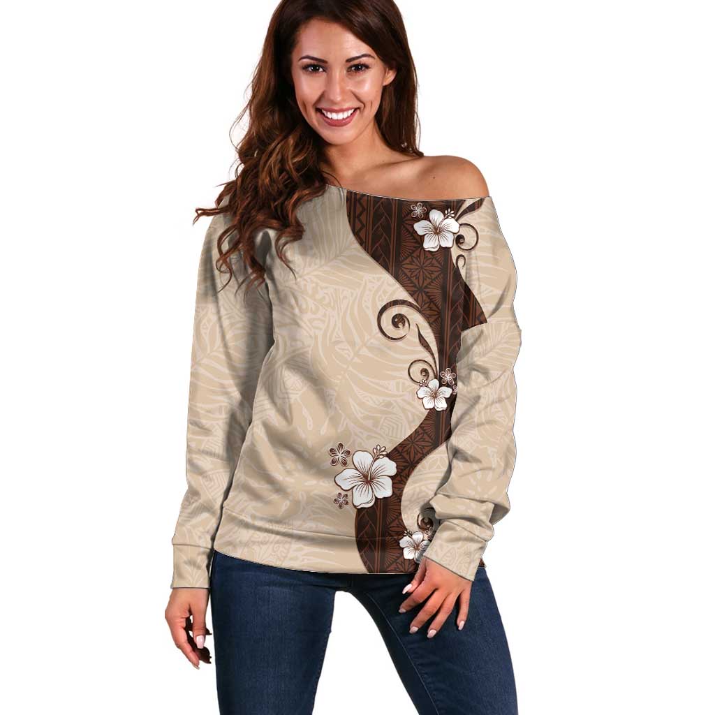 Polynesia Hibiscus Off Shoulder Sweater Cameo Curve Motif - Polynesian Pride