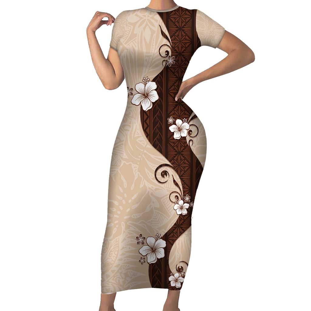 Polynesia Hibiscus Short Sleeve Bodycon Dress Cameo Curve Motif - Polynesian Pride