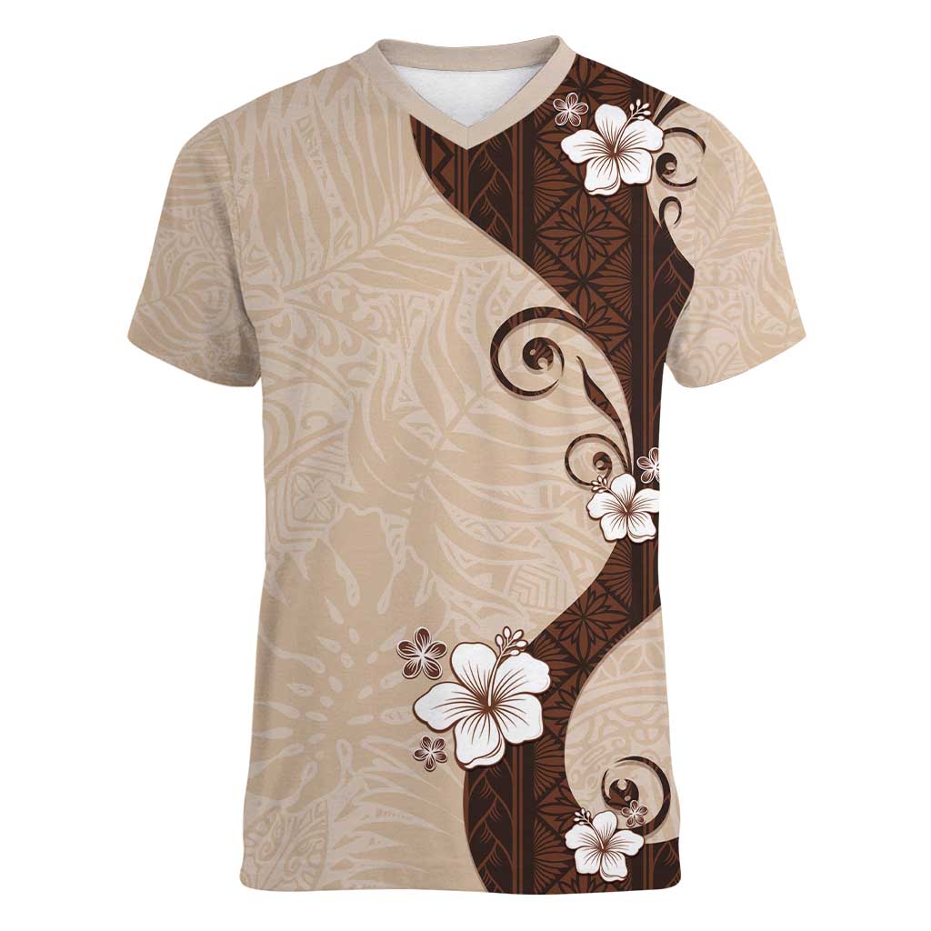 Polynesia Hibiscus Women V-Neck T-Shirt Cameo Curve Motif LT05 Female Beige - Polynesian Pride