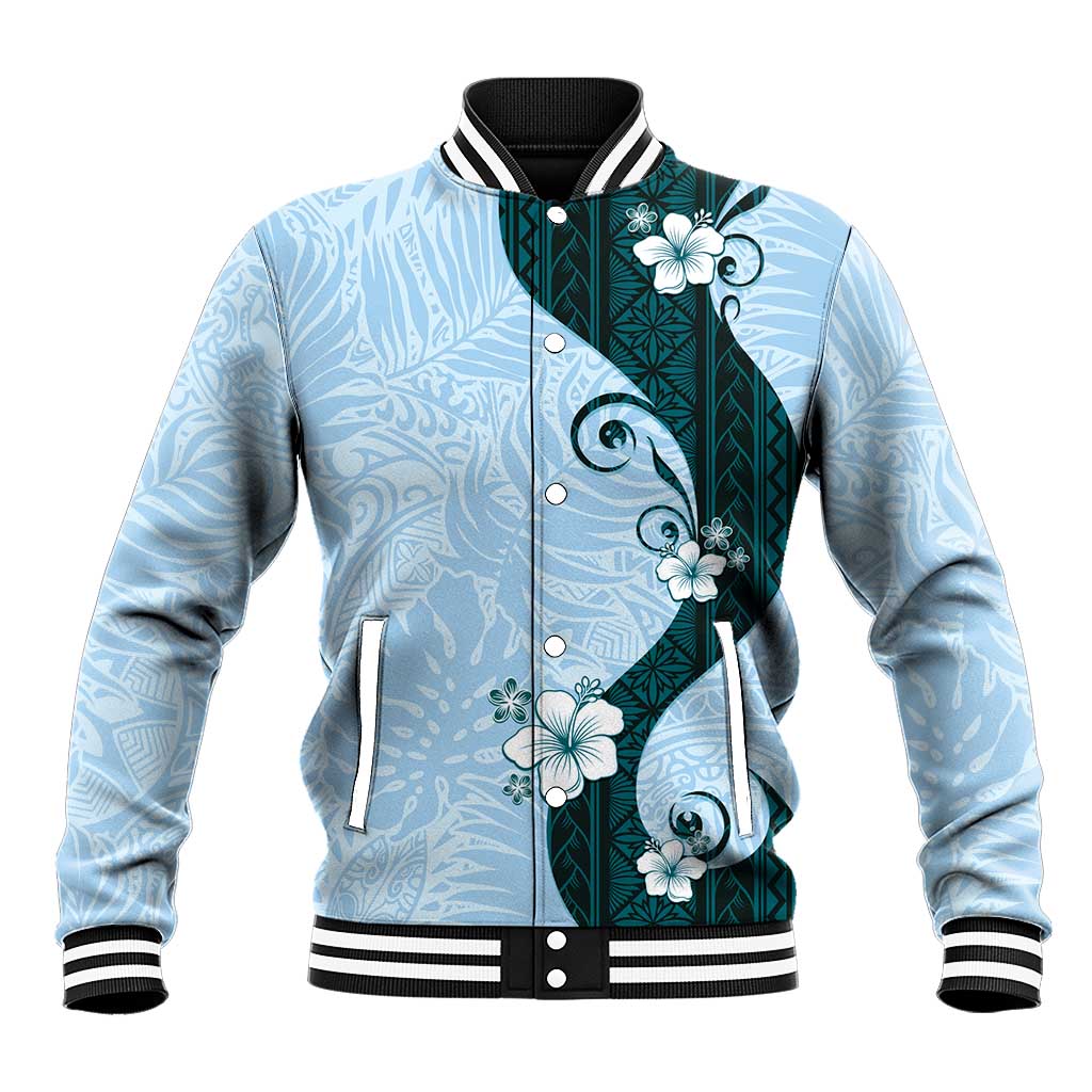 Polynesia Hibiscus Baseball Jacket Sky Blue Curve Motif - Polynesian Pride