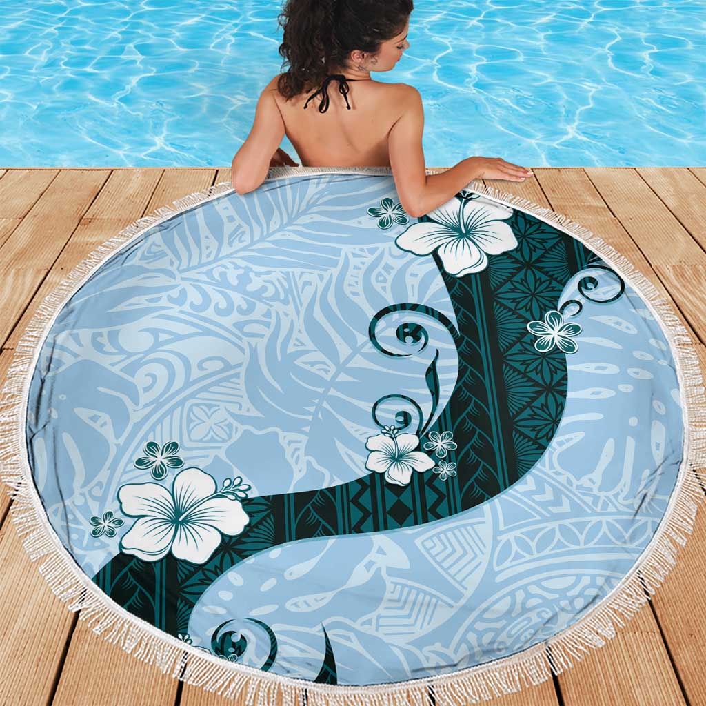 Polynesia Hibiscus Beach Blanket Sky Blue Curve Motif - Polynesian Pride
