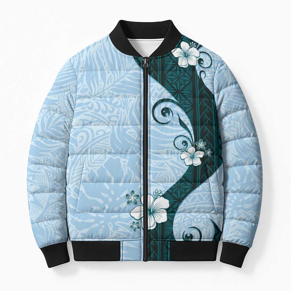 Polynesia Hibiscus Bomber Puffer Jacket Sky Blue Curve Motif - Polynesian Pride