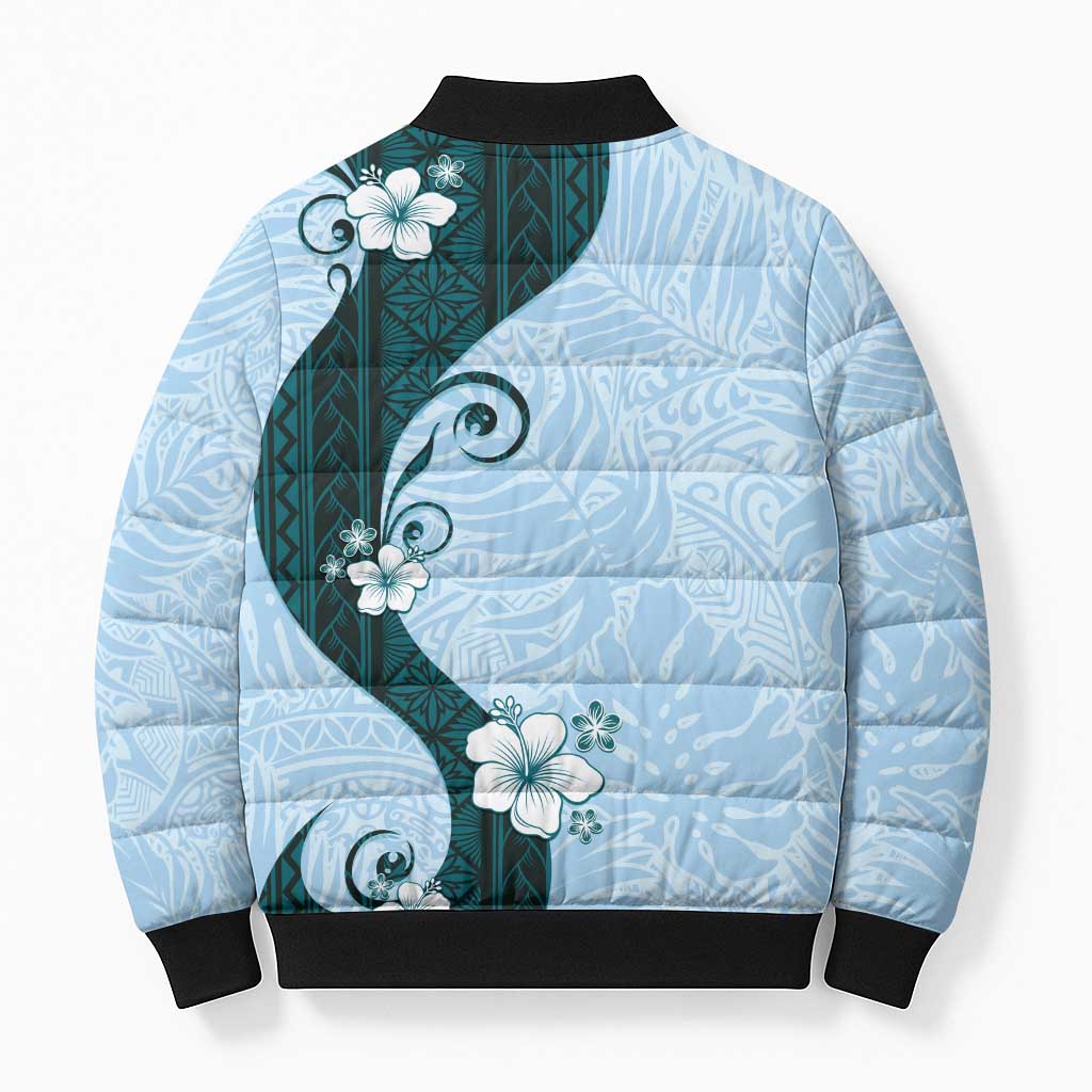 Polynesia Hibiscus Bomber Puffer Jacket Sky Blue Curve Motif - Polynesian Pride