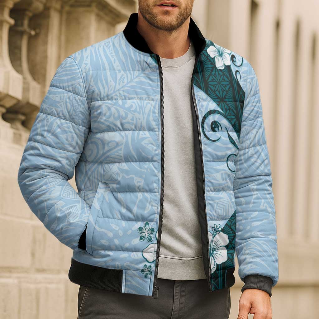 Polynesia Hibiscus Bomber Puffer Jacket Sky Blue Curve Motif - Polynesian Pride