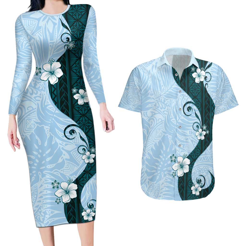 Polynesia Hibiscus Couples Matching Long Sleeve Bodycon Dress and Hawaiian Shirt Sky Blue Curve Motif LT05 Blue - Polynesian Pride