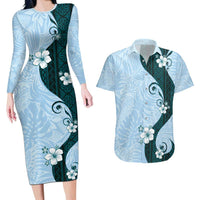 Polynesia Hibiscus Couples Matching Long Sleeve Bodycon Dress and Hawaiian Shirt Sky Blue Curve Motif LT05 Blue - Polynesian Pride