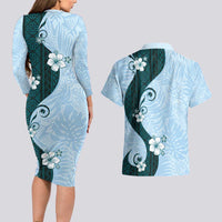 Polynesia Hibiscus Couples Matching Long Sleeve Bodycon Dress and Hawaiian Shirt Sky Blue Curve Motif LT05 - Polynesian Pride