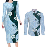 Polynesia Hibiscus Couples Matching Long Sleeve Bodycon Dress and Long Sleeve Button Shirt Sky Blue Curve Motif - Polynesian Pride