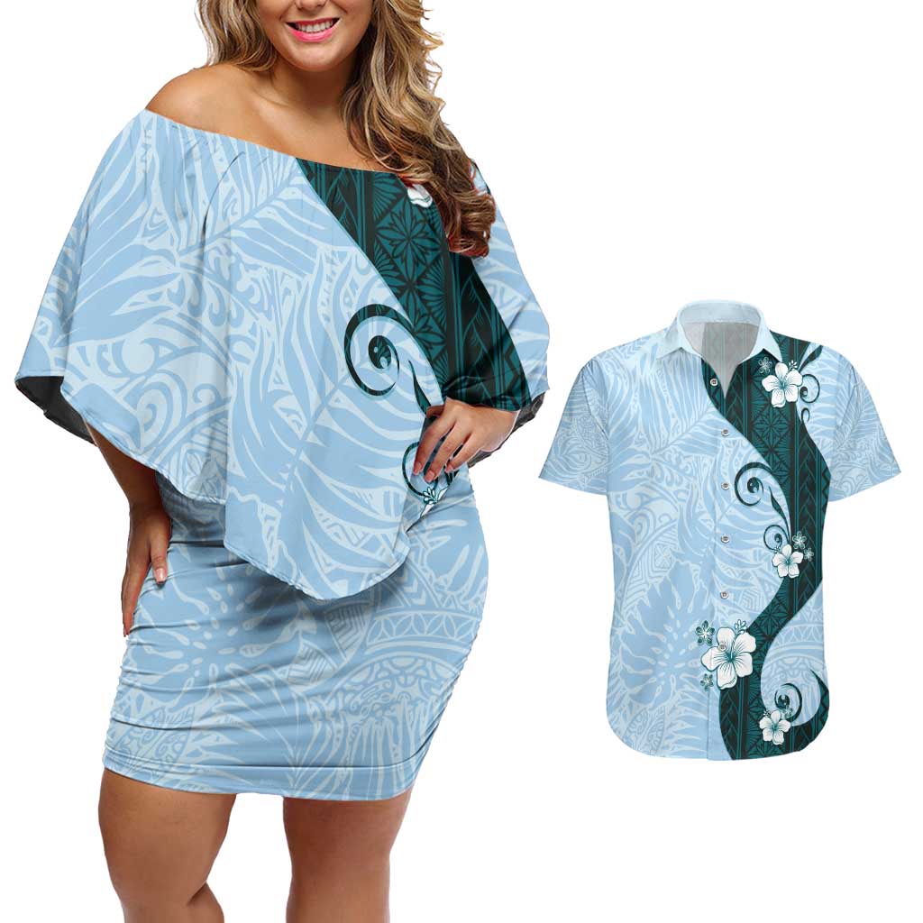 Polynesia Hibiscus Couples Matching Off Shoulder Short Dress and Hawaiian Shirt Sky Blue Curve Motif LT05 Blue - Polynesian Pride