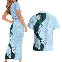 Polynesia Hibiscus Couples Matching Short Sleeve Bodycon Dress and Hawaiian Shirt Sky Blue Curve Motif LT05 - Polynesian Pride