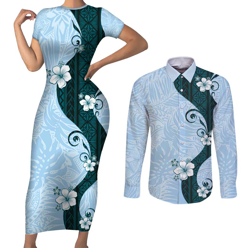 Polynesia Hibiscus Couples Matching Short Sleeve Bodycon Dress and Long Sleeve Button Shirt Sky Blue Curve Motif LT05 Blue - Polynesian Pride