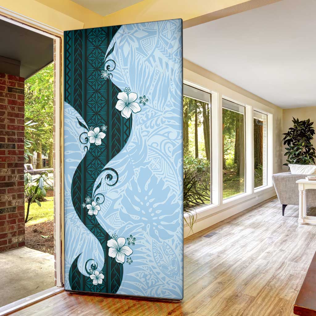 Polynesia Hibiscus Door Cover Sky Blue Curve Motif - Polynesian Pride