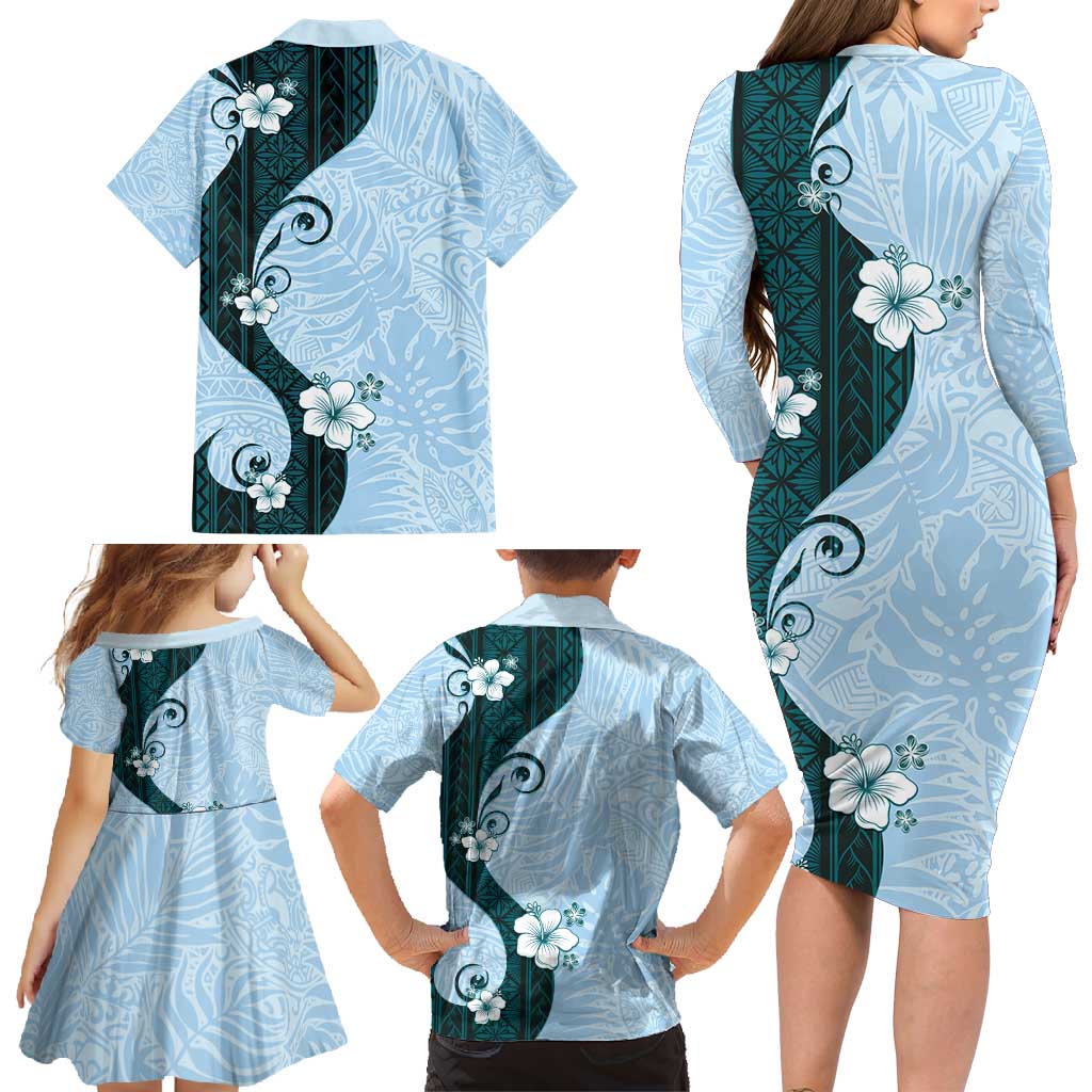 Polynesia Hibiscus Family Matching Long Sleeve Bodycon Dress and Hawaiian Shirt Sky Blue Curve Motif LT05 - Polynesian Pride