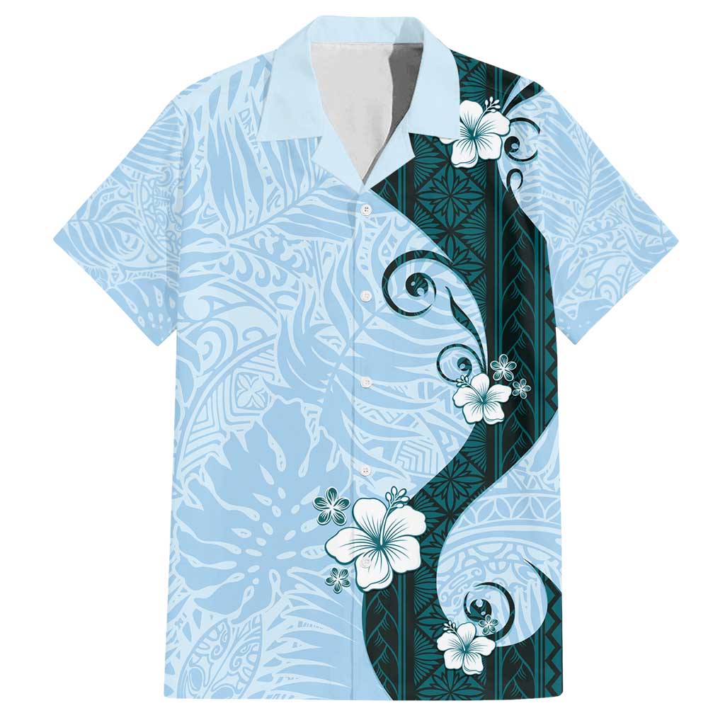 Polynesia Hibiscus Family Matching Long Sleeve Bodycon Dress and Hawaiian Shirt Sky Blue Curve Motif LT05 Dad's Shirt - Short Sleeve Blue - Polynesian Pride