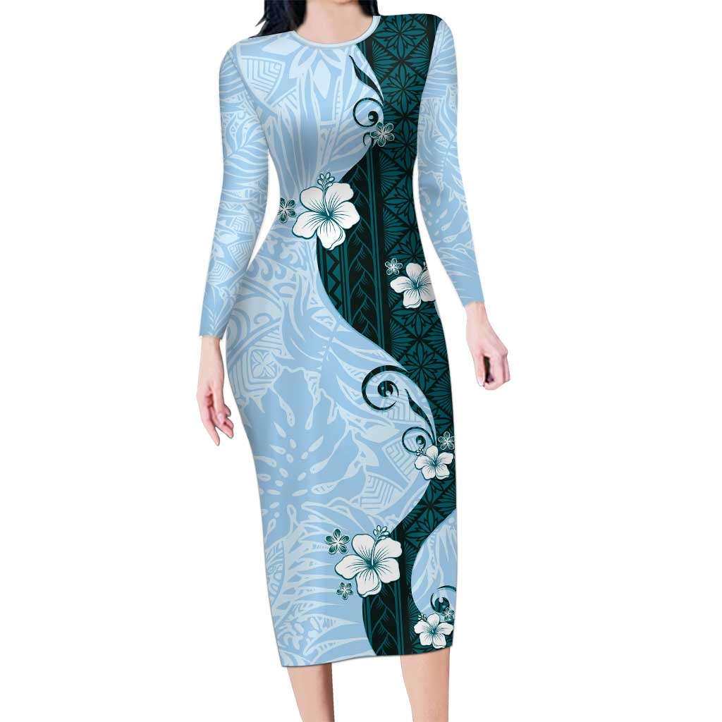 Polynesia Hibiscus Family Matching Long Sleeve Bodycon Dress and Hawaiian Shirt Sky Blue Curve Motif LT05 Mom's Dress Blue - Polynesian Pride