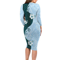 Polynesia Hibiscus Family Matching Long Sleeve Bodycon Dress and Hawaiian Shirt Sky Blue Curve Motif LT05 - Polynesian Pride