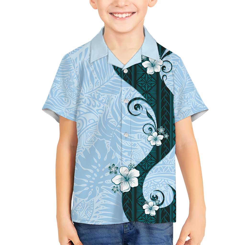 Polynesia Hibiscus Family Matching Long Sleeve Bodycon Dress and Hawaiian Shirt Sky Blue Curve Motif LT05 Son's Shirt Blue - Polynesian Pride