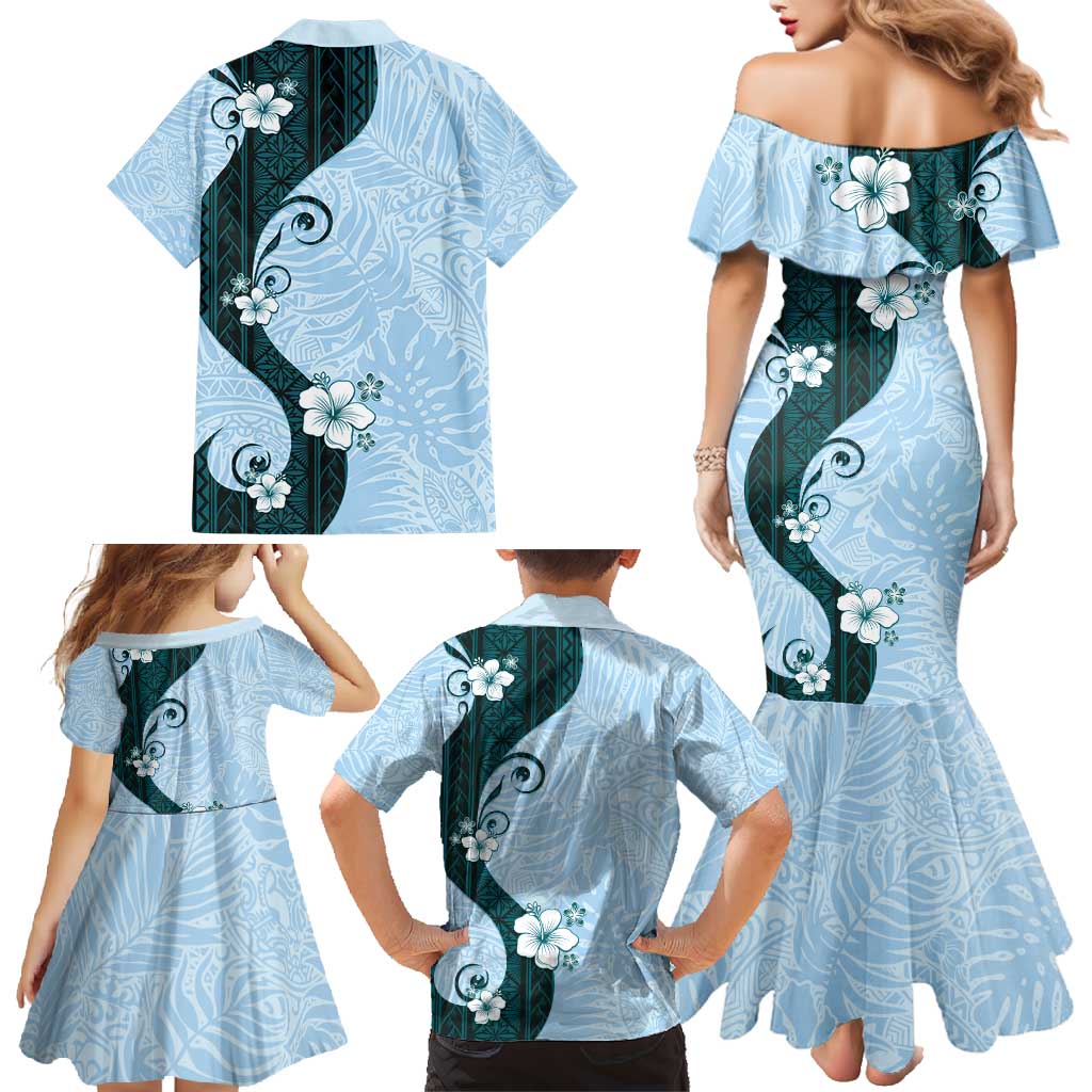 Polynesia Hibiscus Family Matching Mermaid Dress and Hawaiian Shirt Sky Blue Curve Motif LT05 - Polynesian Pride
