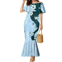 Polynesia Hibiscus Family Matching Mermaid Dress and Hawaiian Shirt Sky Blue Curve Motif LT05 Mom's Dress Blue - Polynesian Pride