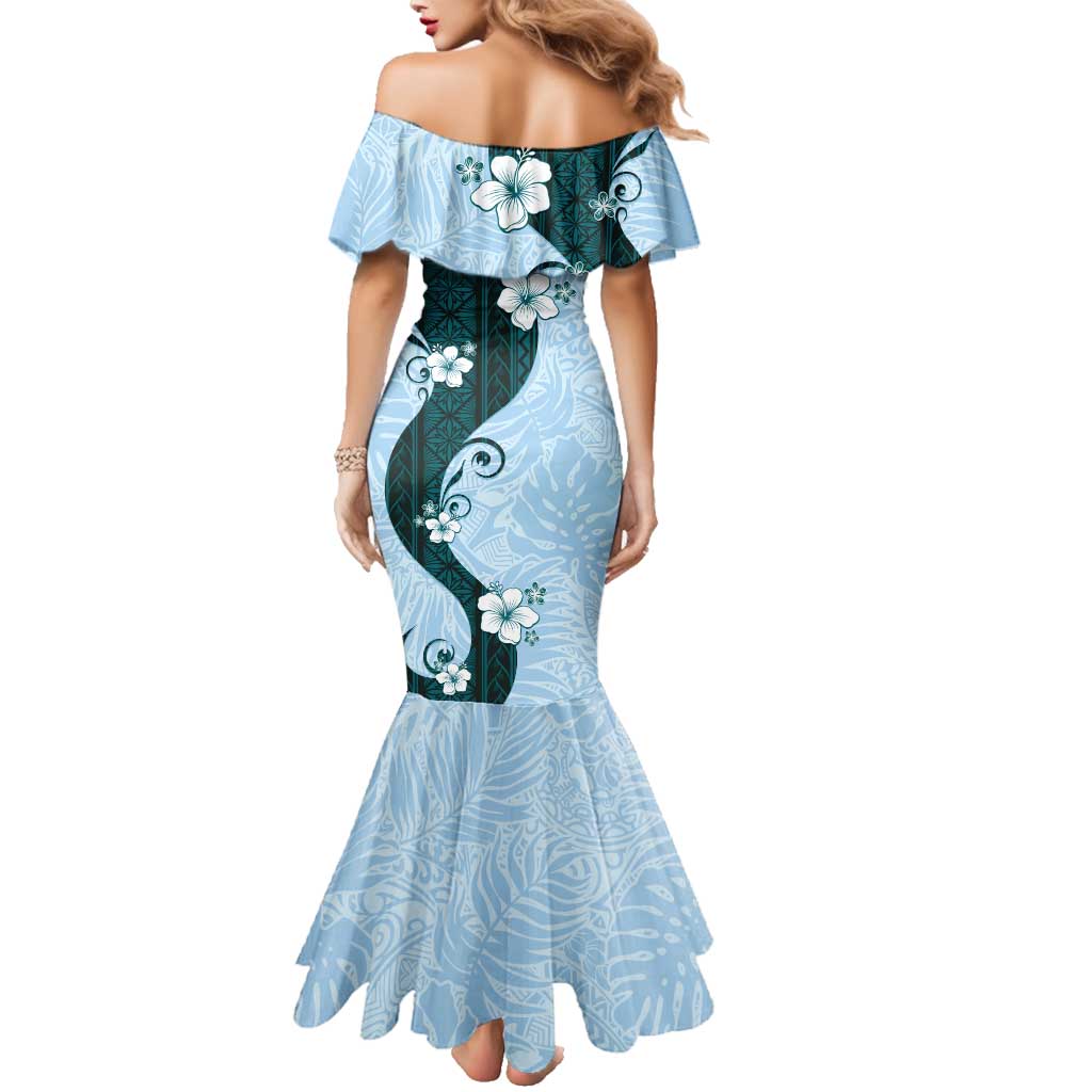 Polynesia Hibiscus Family Matching Mermaid Dress and Hawaiian Shirt Sky Blue Curve Motif LT05 - Polynesian Pride