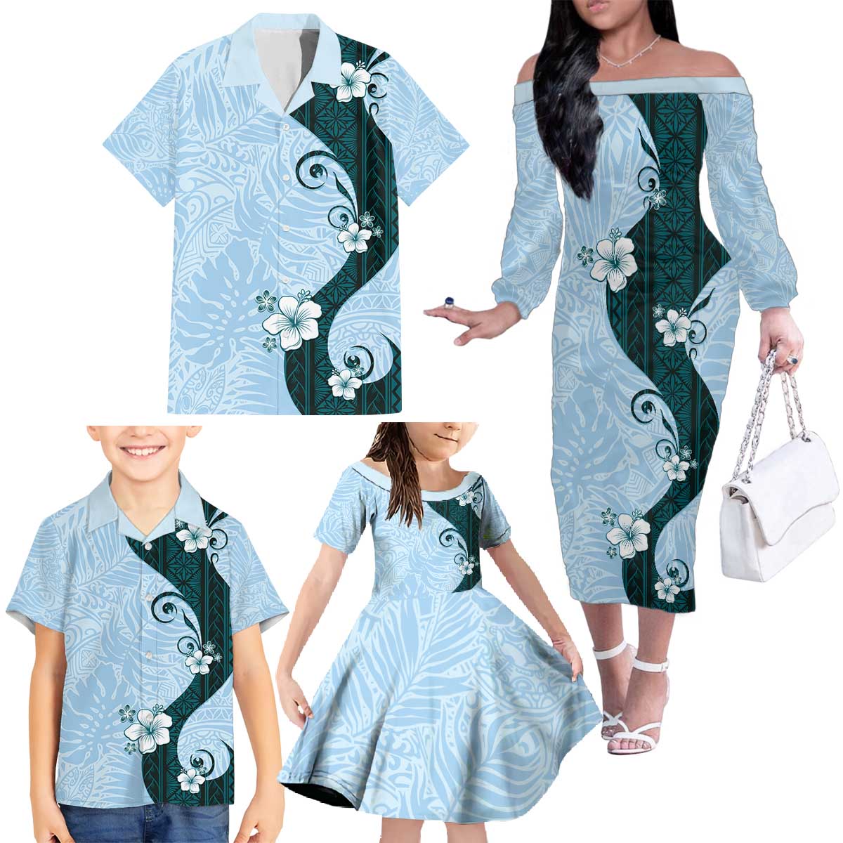 Polynesia Hibiscus Family Matching Off The Shoulder Long Sleeve Dress and Hawaiian Shirt Sky Blue Curve Motif - Polynesian Pride