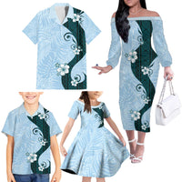 Polynesia Hibiscus Family Matching Off The Shoulder Long Sleeve Dress and Hawaiian Shirt Sky Blue Curve Motif - Polynesian Pride