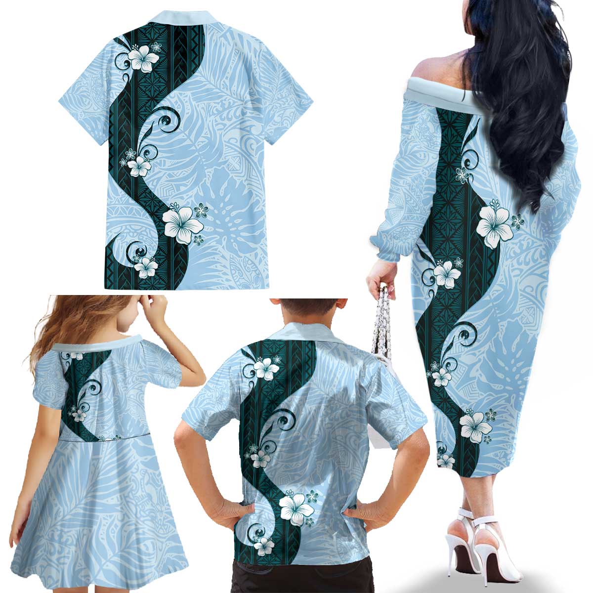 Polynesia Hibiscus Family Matching Off The Shoulder Long Sleeve Dress and Hawaiian Shirt Sky Blue Curve Motif - Polynesian Pride
