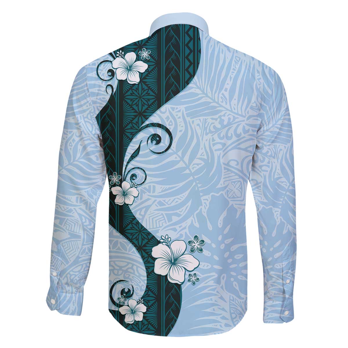 Polynesia Hibiscus Family Matching Off The Shoulder Long Sleeve Dress and Hawaiian Shirt Sky Blue Curve Motif - Polynesian Pride